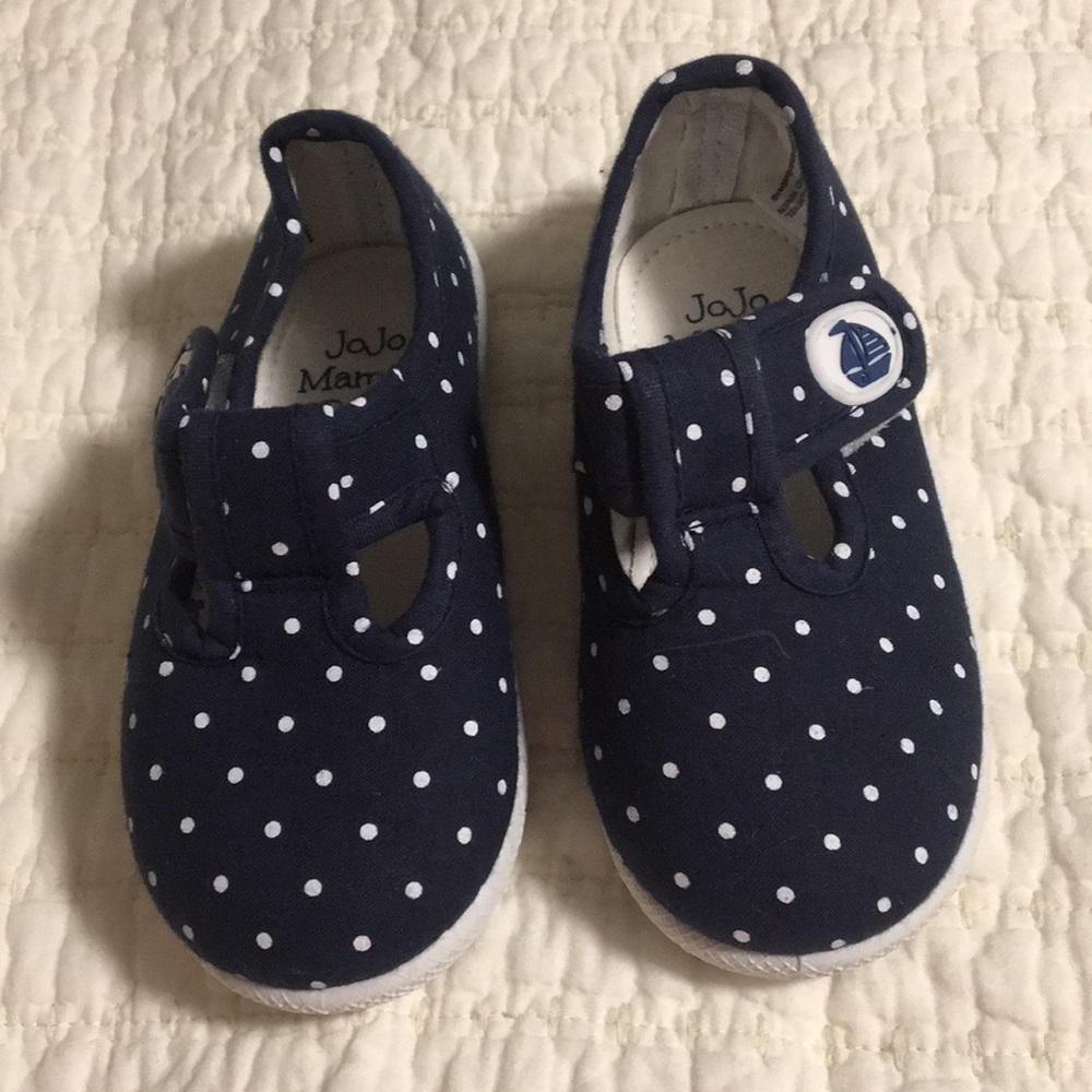 Navy polka dot canvas t-bar shoes